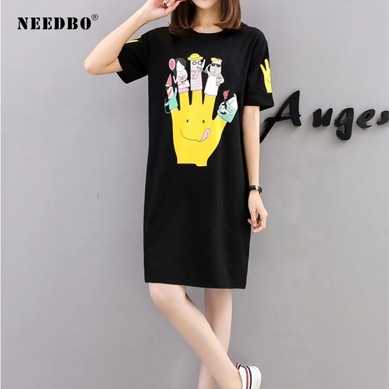 NEEDBO, женская футболка, уникальный топ, женская футболка с рисунком, большой размер, принт с героями мультфильмов, короткий рукав, Повседневная Длинная футболка, платье, больше размера