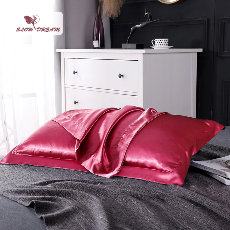 

SlowDream 100% Nature Mulberry Satin Silk Pillowcase Wholesale Queen King 19 Color Silky Pillow Case For Women Men Free shipping