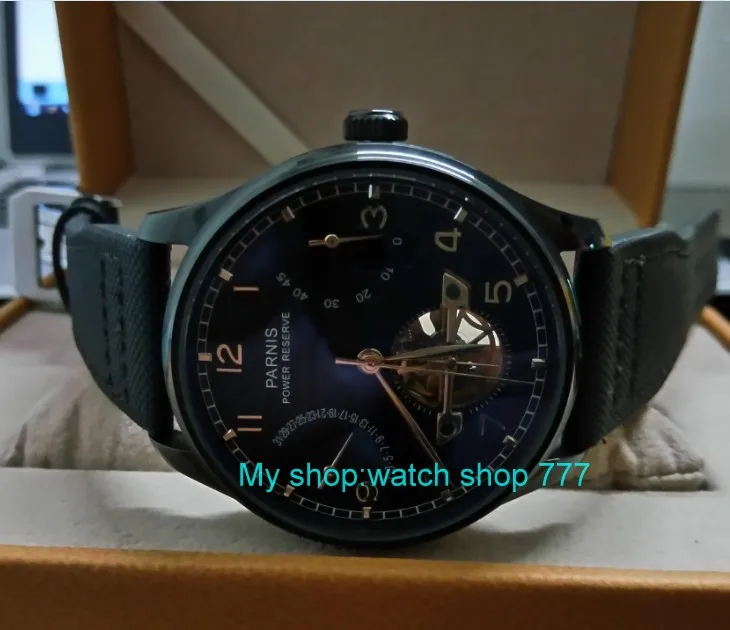 

43mm PARNIS Black dial power reserve Automatic Self-Wind Mechanical movement men's watches Nylon strap Mechanical watches z64A