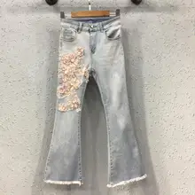 Повседневные Осенние Летние женские дизайнерские джинсы с кисточками и высокой талией, с вышивкой бисером, эластичный с цветочным принтом, расклешенные джинсы, женские обтягивающие джинсы