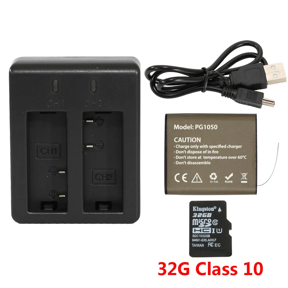 

Hot 2x PG1050 Rechargable Li-ion Camera Battery+ Charger +32GB tf card class 10 For EKEN H9 H9R H3 H8R H8 Sports Action Camera