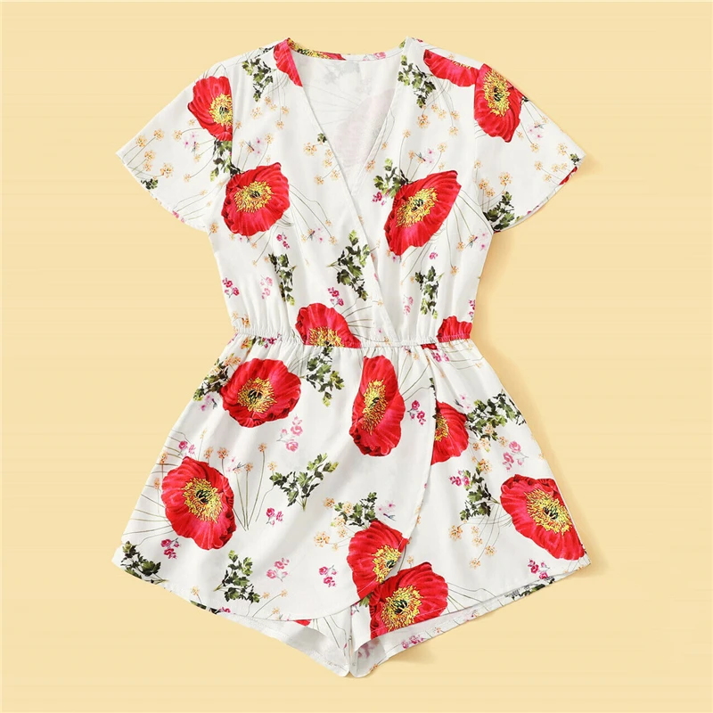 Летние женские Boho Цветочный принт Platysuits новые женские короткий рукав V шеи Шорты Комбинезоны пляжный отдых Playsuit Femme