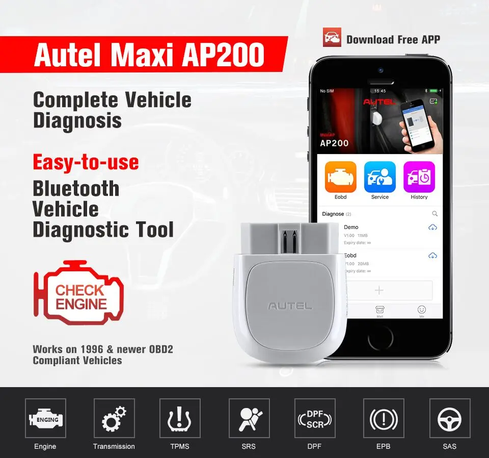 Autel Maxi AP200 obd2 сканер Bluetooth адаптер со всей системой диагностики с одним бесплатным программное обеспечение для автомобилей PK MaxiCOM MK808