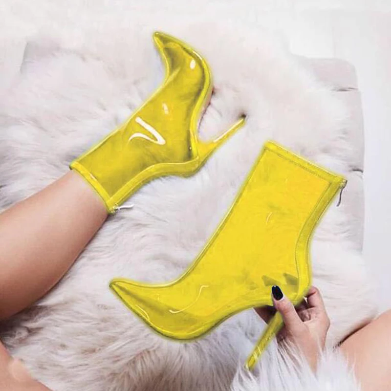 

2019 Sexy Women Yellow Zip 12.5cm High Heels Boots Sandals Gladiator Stilettos Lady Transparent Pointy Nude Fashion Shoes