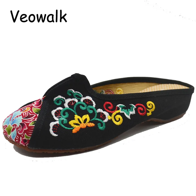 Veowalk женские холщовые шлепанцы с вышивкой летние винтажные Женские повседневные