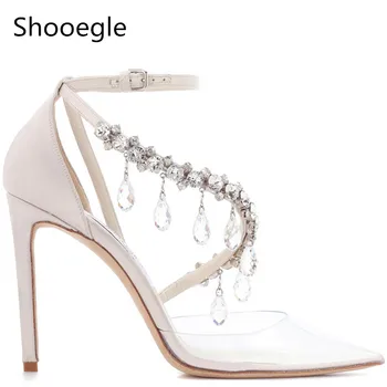 

Bling Crystal String Bead Embellished Clear PVC Pointed Toe Thin High Heels Sandals Ankle Buckle Strap Rhinestone Pumps