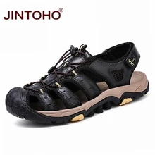Лето jintoho модная кожаная женская обувь; дышащие босоножки из натуральной кожи для Для мужчин; летние сандалии на плоской подошве; мужские пляжные сандалии