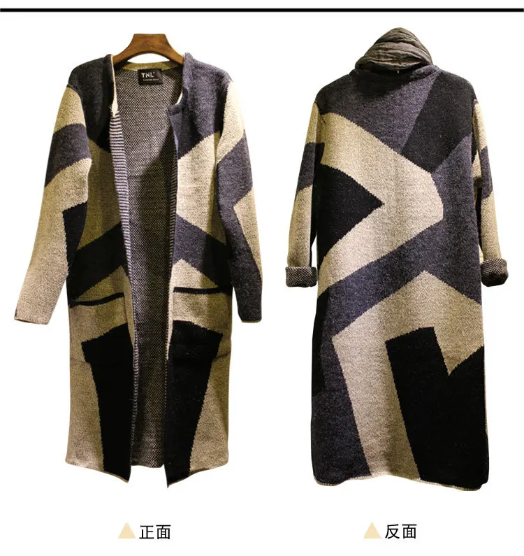 Длинный кардиган женский корейский Осень Зима модный джемпер хит цвет геометрический узор свитер вязанная куртка Vestidos LXJ327