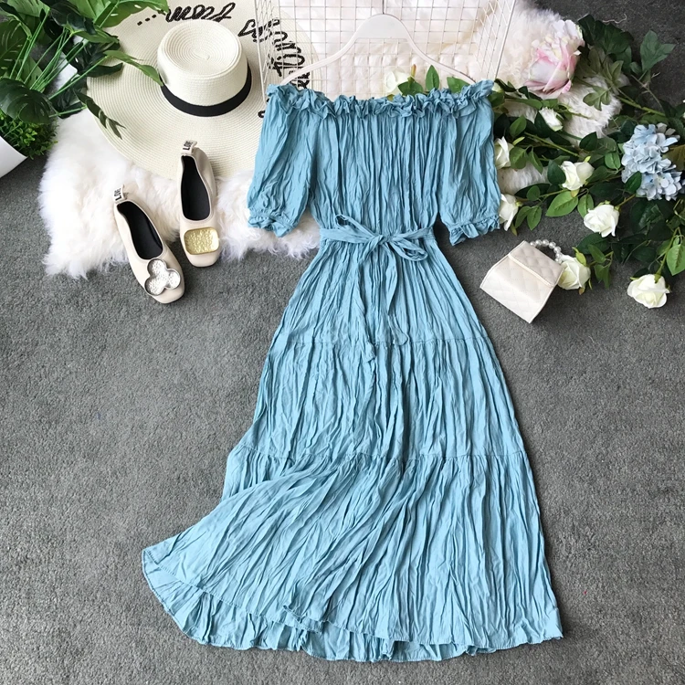 

New Summer Dress 2019 Women Slash Neck Solid Color Short Sleeve Elegant Vestidos Verano F313