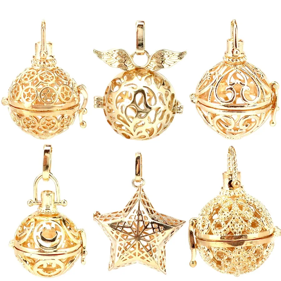 

1pc Gold Color Wing Star Flower Ball Lava Rock Aroma Filigree Pendant Essential Oil Diffuser Boho Locket Pendant