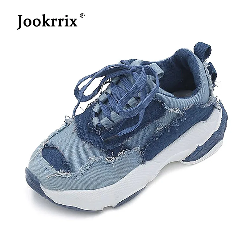 

Jookrrix Shoes Women Platform Sneakers Denim Patchwork Spring zapatos de mujer Fashion Brand chaussures femme Ladies Blue Shoes