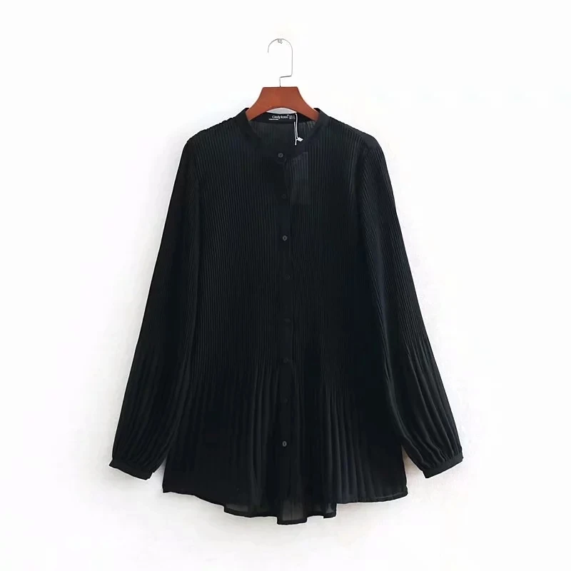 

Solid Color Pressed Pleat Chiffon Women Shirt Casual Long Sleeves Blouse Summer Fashion Loose Tops Feminina Chemise S5292