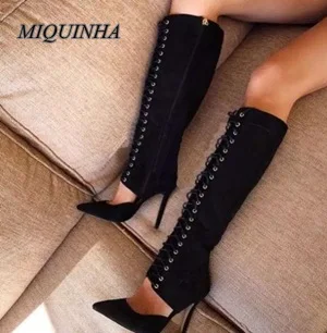 newest design lace up pointed toe long boots women thin high heel hollow out knee high boots suede leather inside zipper shoes