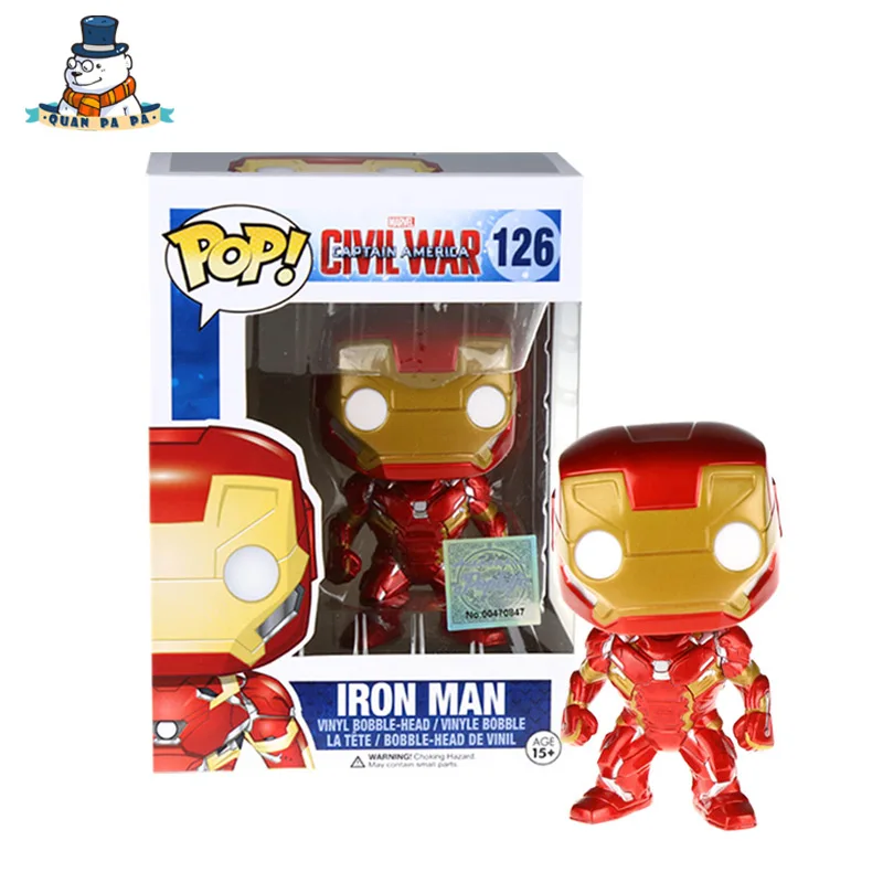 

[QuanPaPa] New Genuine FunKo POP Captain America 3 Iron Man 126 Model Action Figurine doll car Decoration kids toys #7224