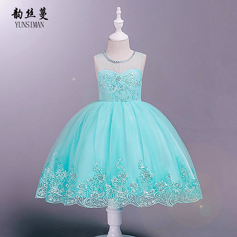 

1 - 14 Girls Dress Summer 2019 Sequined Embroidery Green White Lace Princess Dresses Girls 1 2 Years Birthdays Outfit Kids B1A7B
