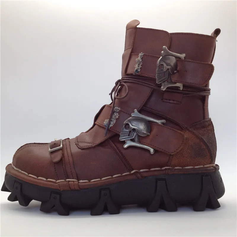 

Size 38~49 Genuine Leather Men Motorcycle Boots Black Brown Ankle Boots Punk Style Army Boots Skull Metal 40D50