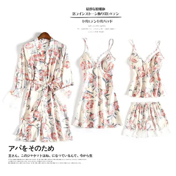 

Sleepwear7 Pieces Pyjama Set Women Sexy Silk printing Long sleeve Pajamas Set Satin Sleep Suit Sweet Cute Nightwear Home Clothes