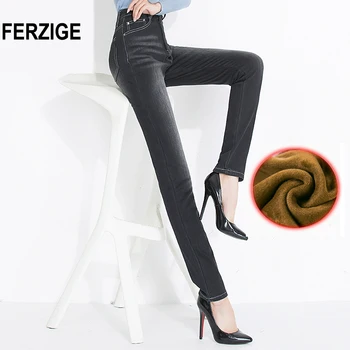 

FERZIGE Women's Jeans Winter High Waist Plus Size Fleece Thick Warmer Stretch Slim Fit Pencils Denim Pants Black Mujer Trousers