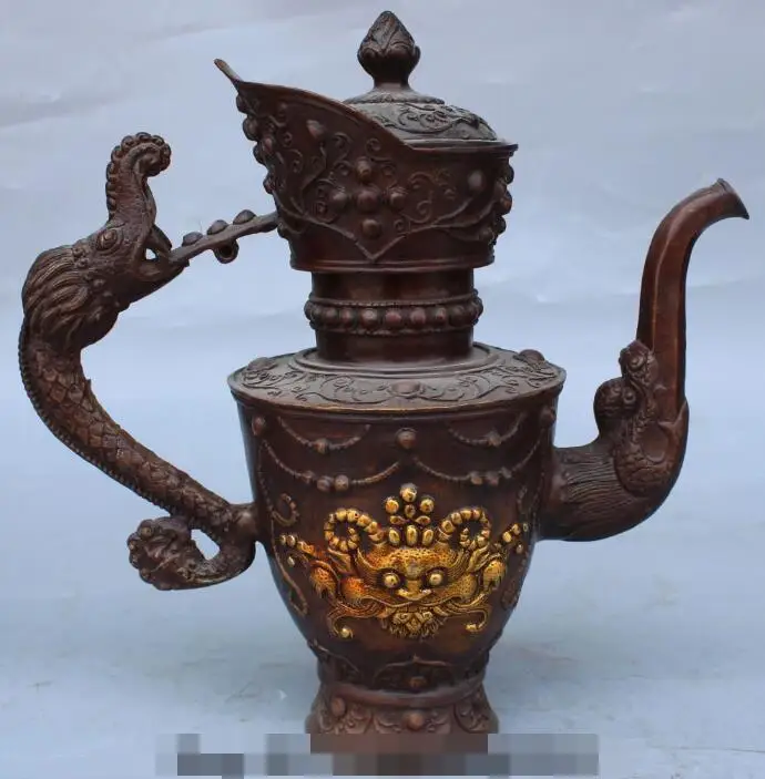 

S01411 10" Marked Chinese Bronze Gilt Dragon Beast Pixiu Unicorn Tea Wine Pot Statue B0403