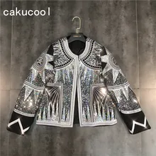 Cakucool Для женщин блестящая куртка серебристыми блестками бомберы с круглым вырезом национальной вышивкой пальто Повседневное, женская верхняя одежда, джинсовая куртка