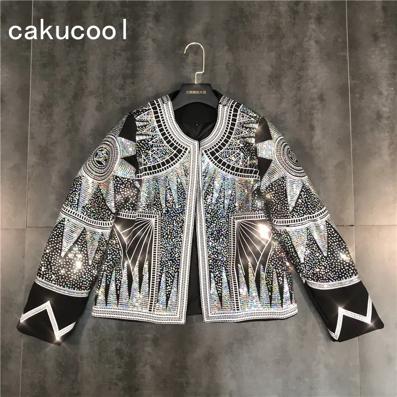 Cakucool для женщин блестящая куртка 2019 серебро блёстки геометрический бомбер куртки O средства ухода за кожей Шеи национальности Embroid пальто