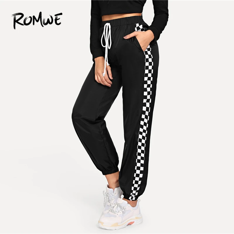 

ROMWE Slant Pocket Checked Panel Pants 2019 Spring Autumn Sweatpants Mid Waist Long Pants Black Plaid Stylish Women Trousers