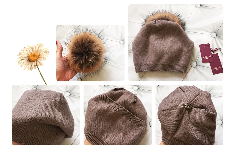 Bonnet en laine chaude et son pompon en fourrure