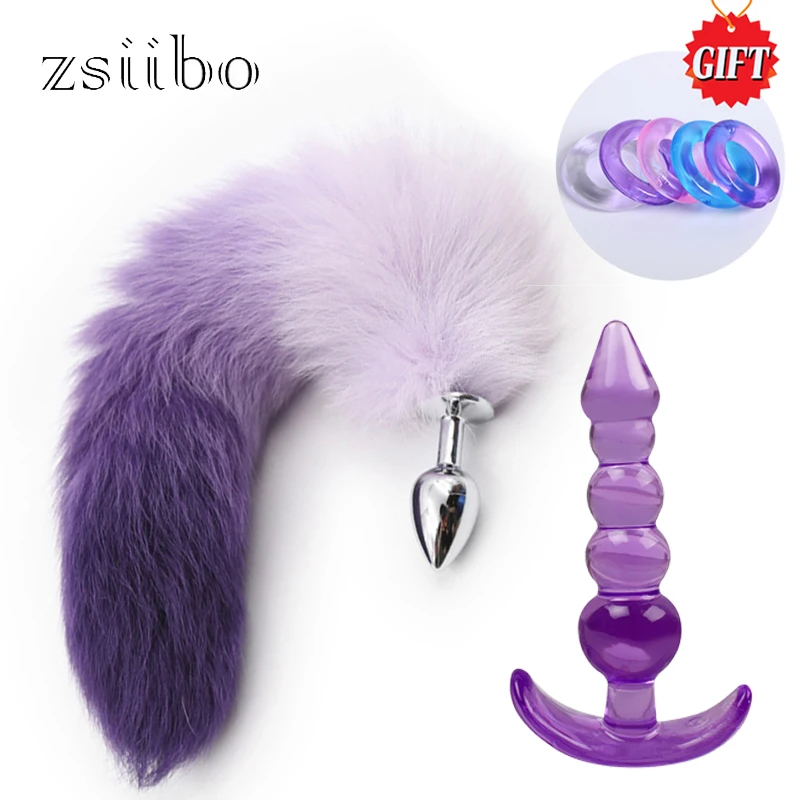 3-piece set Value combination Metal stainless steel Fox Tail Gradient Color Sex Toys jelly silicone anal plug penis ring QQTZ12