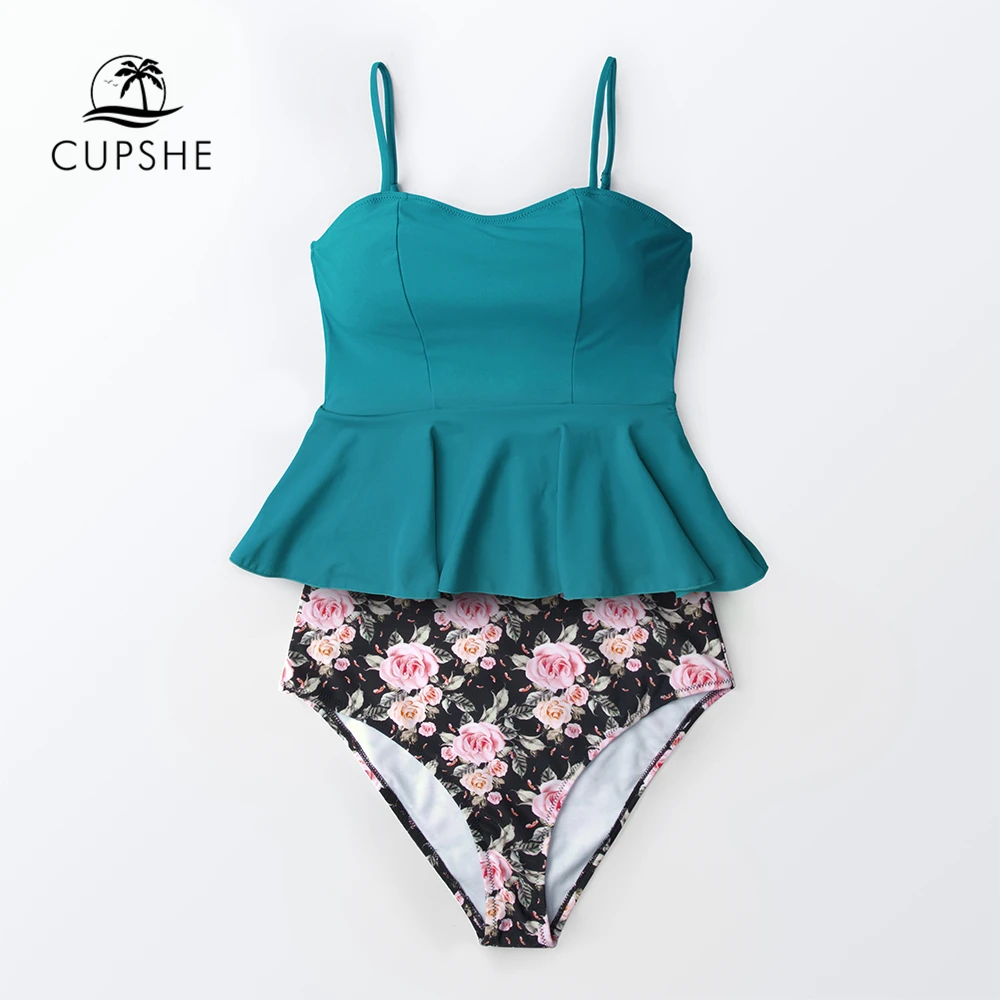 CUPSHE Blue And Floral Ruffle Tankini Bikini Sets Women Peplum High Waist Two Pieces Swimsuits