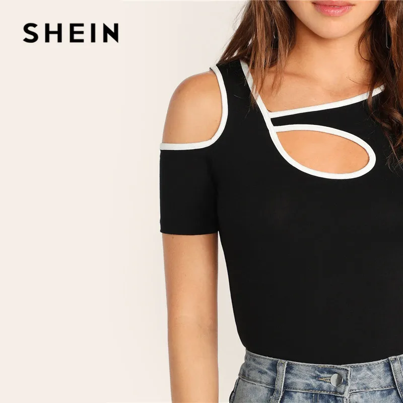 Черная Спортивная футболка SHEIN с вырезами летняя повседневная облегающая