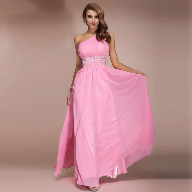 One Shoulder Pink Prom Dresses 2017 Sleeveless Beaded Chiffon A Line