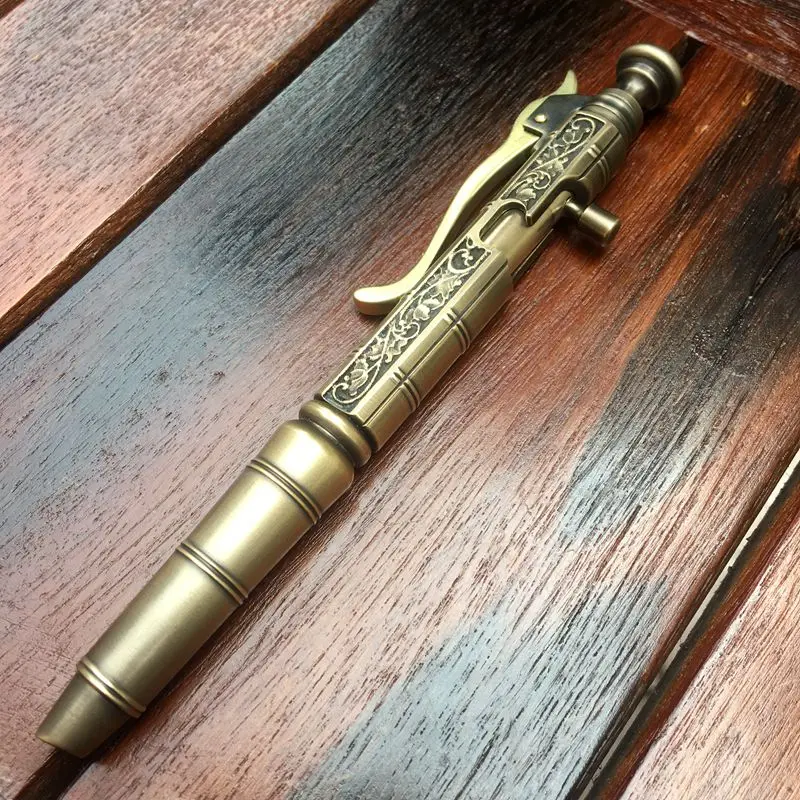

Handmade Brass Ballpoint Pen EDC Carved Creative Retro Bolt Type Tactical Pen