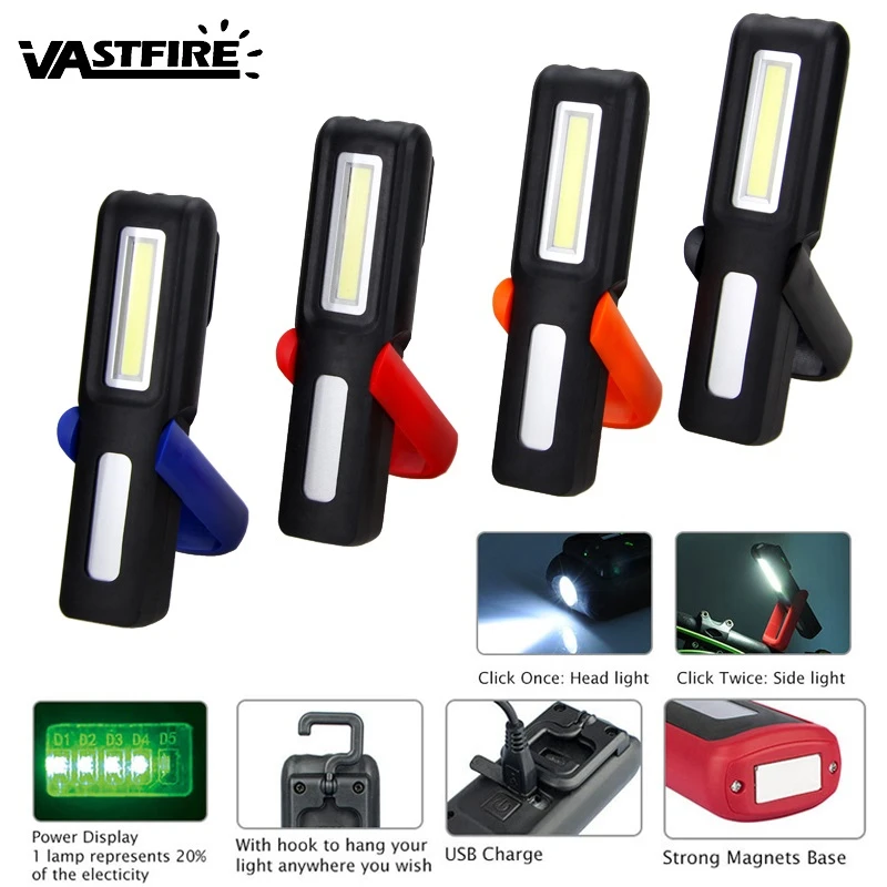 

USB Rechargeable 3W COB LED Work Hanging Light 2 Modes Lamp built-in 18650 battery Strong Magnetic Flashlight Torch With Hook