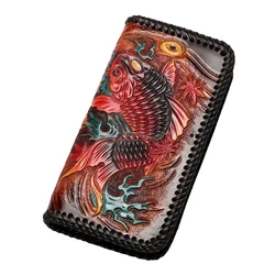 Mano Grabado Hombres Carteras de Cuero Genuino Tejer Tallar Carpa Bolso Monederos Mujeres Embrague Vegetal Curtida Cartera de Cuero Regalos Mano Grabado Hombres Carteras de Cuero Genuino Tejer Tallar Carpa Bolso Monederos Mujeres Embrague Vegetal Curtida Cartera de Cuero Regalos