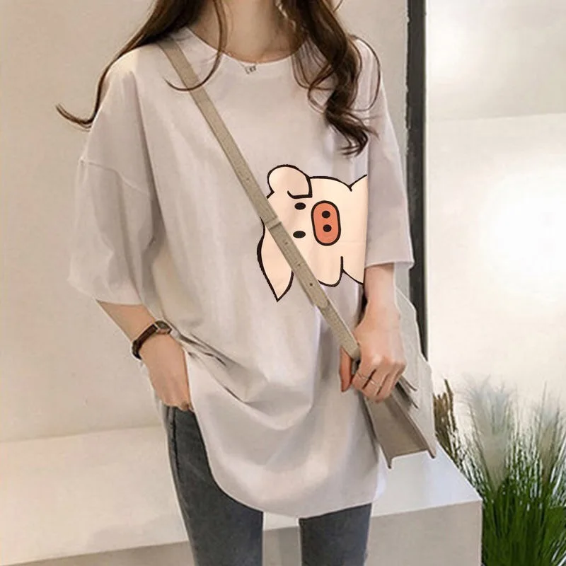 

Women's Plus Size Half-sleeve O-neck Long Loose T-shirt 2019 Spring Summer female New Print Double-grinding fabric Clothing 180g