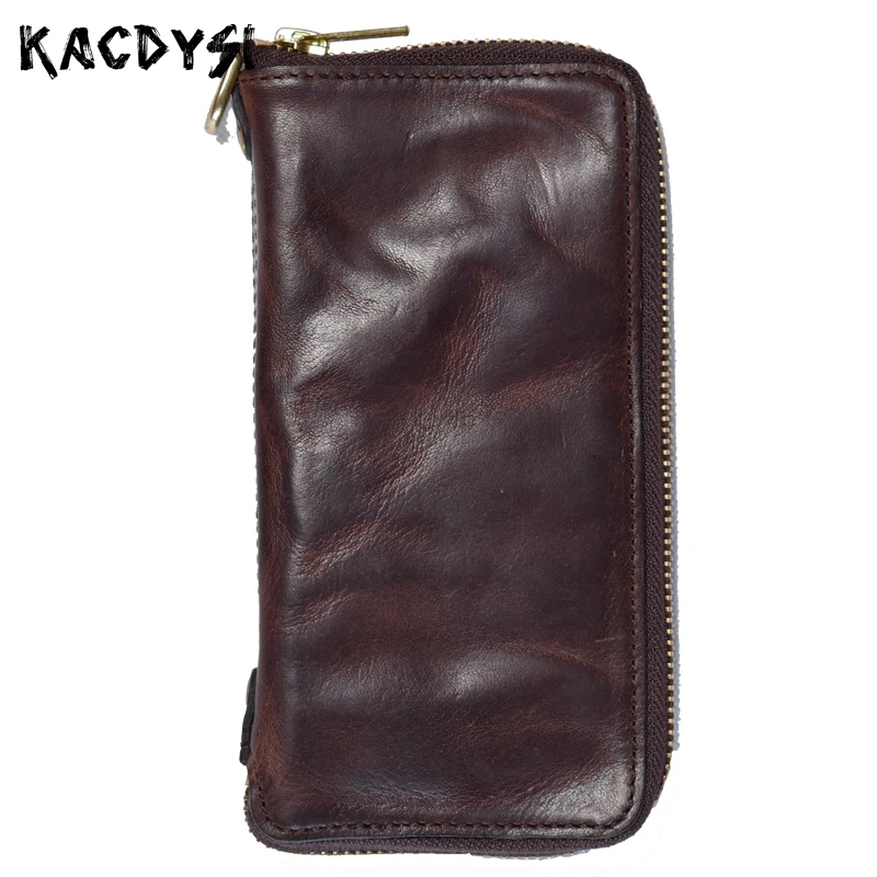 

Unique Handmade 100% Genuine Cowhide Leather Men's Money Wallet Fold Retro Day Clutches Zipper Man Clutch Bag Card Holder Wallet