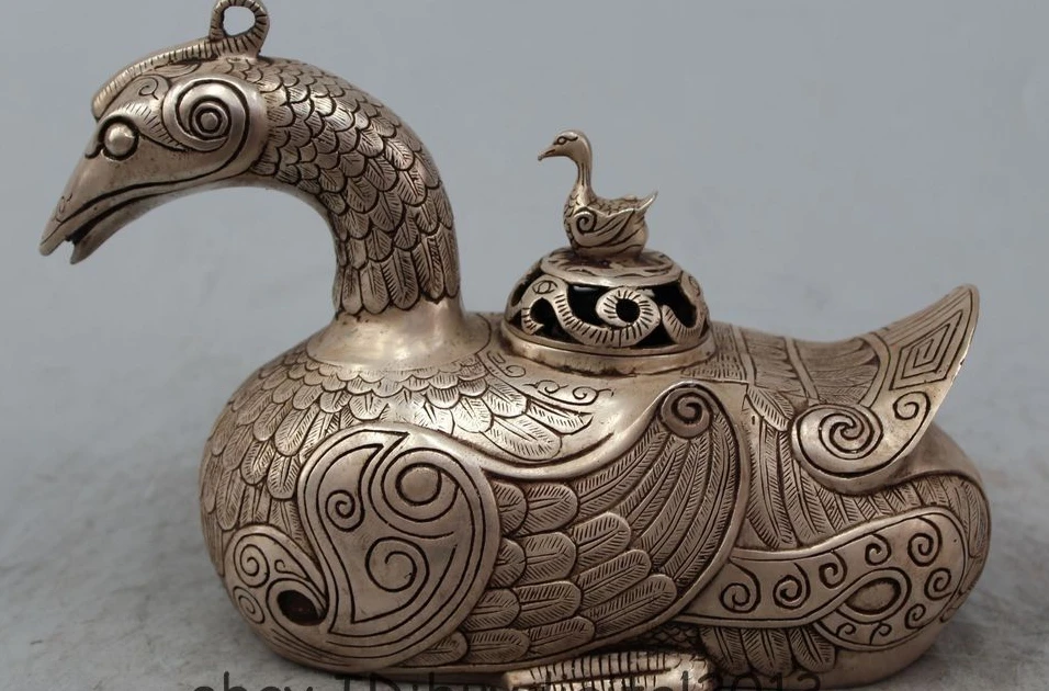 

6 " China Chinese Silver Folk duck quacker animal Incense Burner Censer