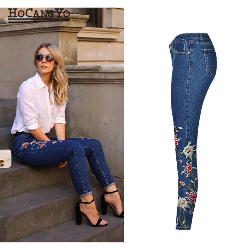 HCYO Women High Waist Jeans Embroidery Slim Ripped Jeans for Women Denim Pants Dark Blue Women's Pants Jeans Casual Skinny Jean Jeans