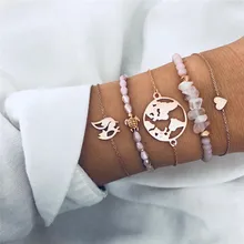LETAPI-ensemble de 5 pièces pour femmes, ensemble de bracelets bohème, carte, cœur, renard, perles, chaîne, multicouche couleur or, ensemble de bijoux de fête, cadeau