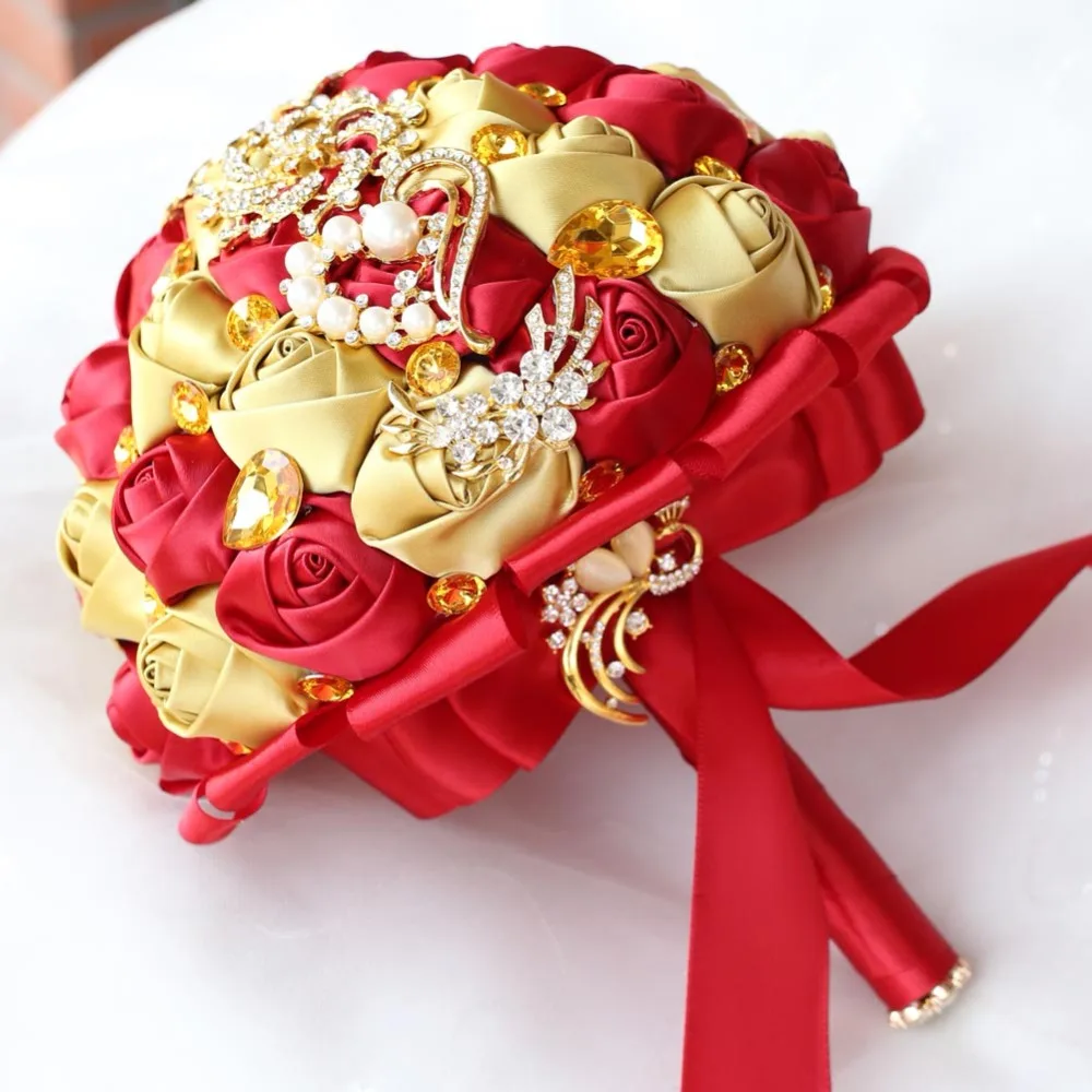 WifeLai-Свадебные букеты с золотыми бриллиантами, свадебные хрустальные Шелковая Красная роза, цветы, свадебный атласный букет, свадебный букет, W227Q