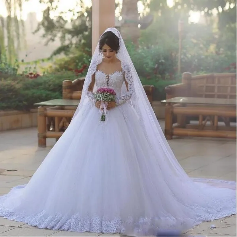 

Gorgeous Bridal Dresses Appliques Vestido De Festa Custom Made Long Bridal Gown Full Sleeves Tulle Lace Up Vestido De Noiva