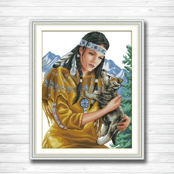 

Beauty and wolf pup girl diy painting counted print on canvas needlework embroidery Sets DMC 11CT 14CT Cross Stitch kits Chinese
