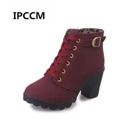 IPCCM бренд 2018 Новые женские сапоги; сезон осень-зима высокое качество однотонные на шнуровке в европейском стиле Дамская обувь модные