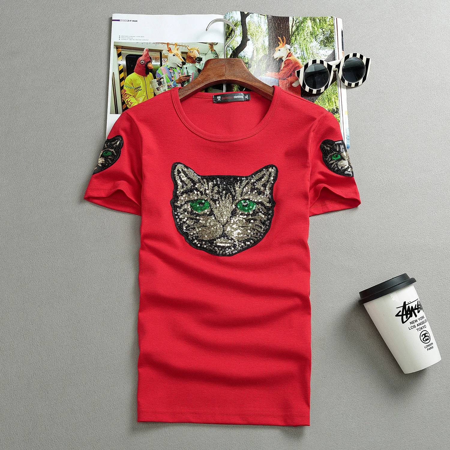 

Sequined cat head Print Men Women tshirt Cotton slim fit Funny t shirt For Girl Boy Top Tee Hipster Tumblr Drop Ship