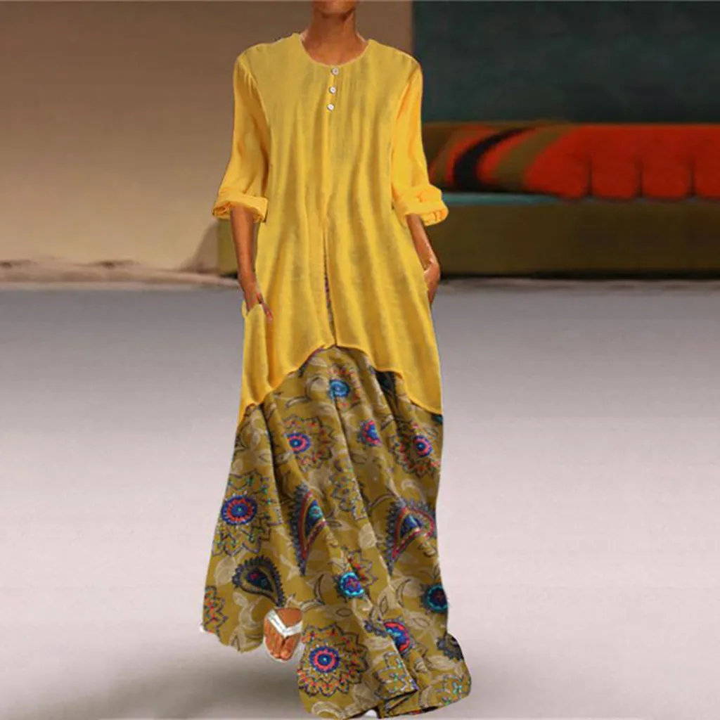

2019 Summer Dress Women Vintage Retro Printed Fake Two-Piece Long Sleeves O-Neck Maxi Plus Size Dress Vestidos New Arrivals
