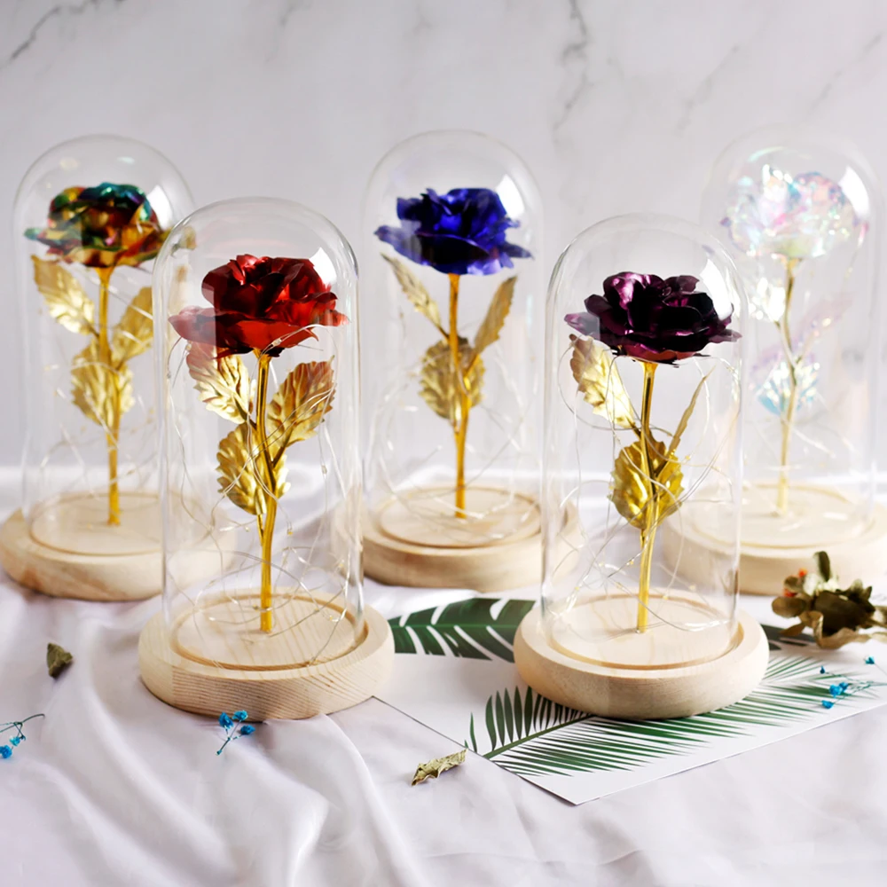 

2019 Beauty and the Beast Red Rose in a Glass Dome on a Wooden Base for Valentine's Gifts