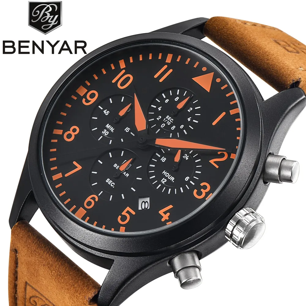 

BENYAR Waterproof Leather Fashion Chronograph Men Sports Watches Pilot series Luxury Brand Date Men's Quartz Watch Clock saat