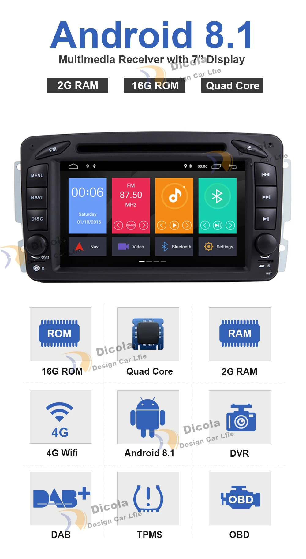 Perfect 2DIN Android 8.1 Car dvd multimedia player radio For Mercedes Benz W209 W203 W168 ML W163 W463 Viano W639 Vito GPS Navigation BT 5