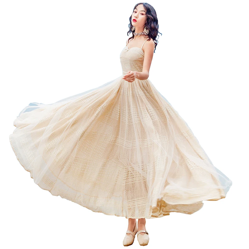 

2019 Summer Vintage Lace Long Dress Women Strapless Sleeveless Ankle-Lenght Beige Sexy Dresses Evening Party Night Club Dress