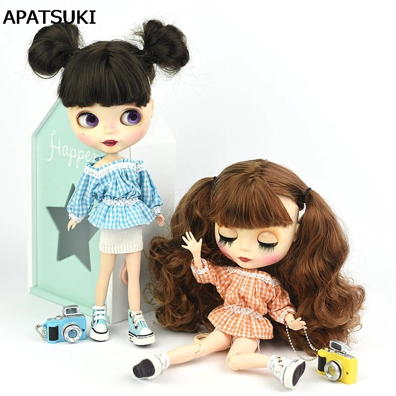 

Fashion Off-shoulder Plaid 1:6 Lace Clothes For Blythe Doll 1/6 Flounced Top Shirt & White Shorts For Barbie BJD Doll Accessory